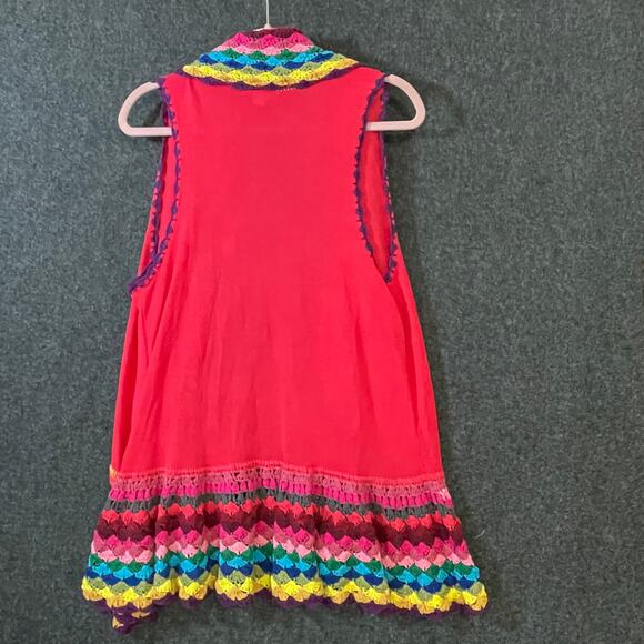 Double Zero Boho Crochet Ruffle Vest Rainbow Trim Cardigan Open Front - Picture 8 of 12